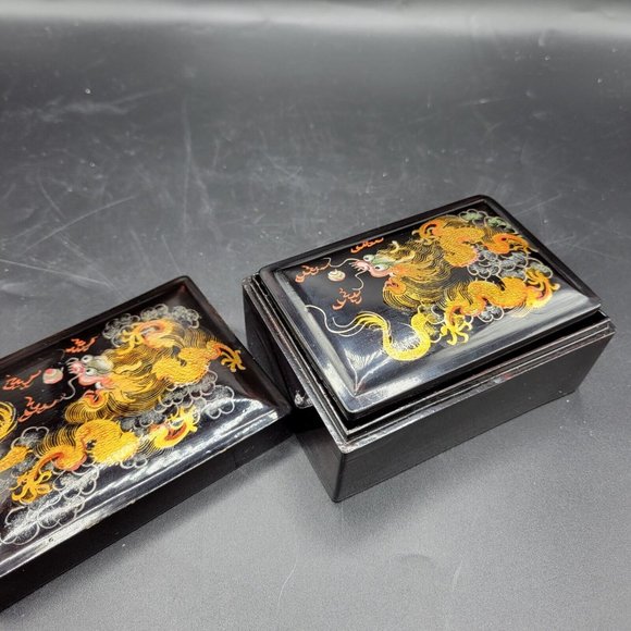 Vintage Black Lacquerware Handpainted Dragon Nesting Boxes Group Of 4 Rare - Picture 4 of 12